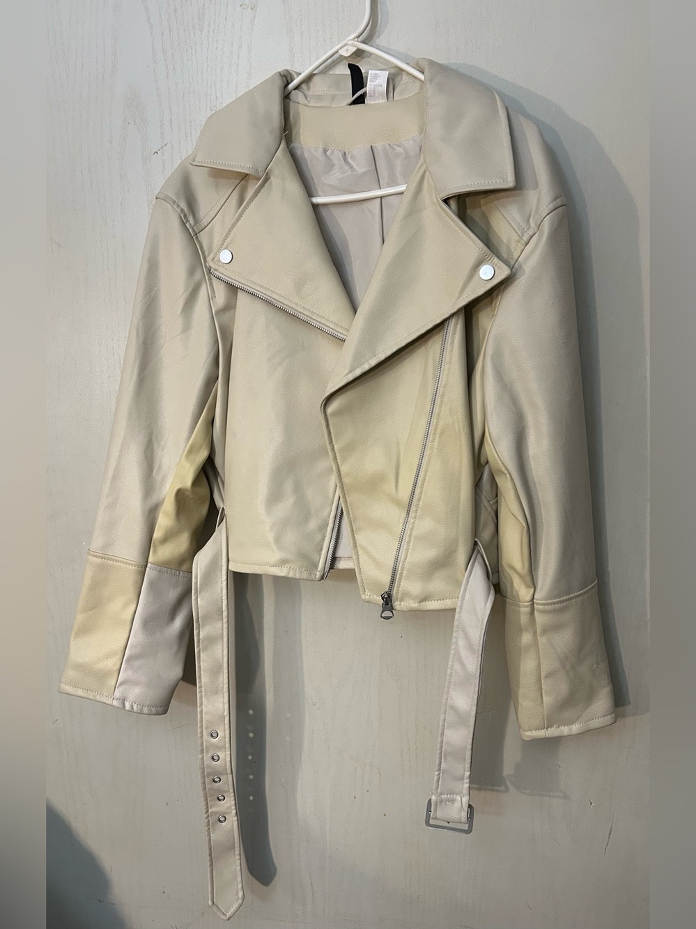 Cream Faux Leather Moto Jacket with Belt